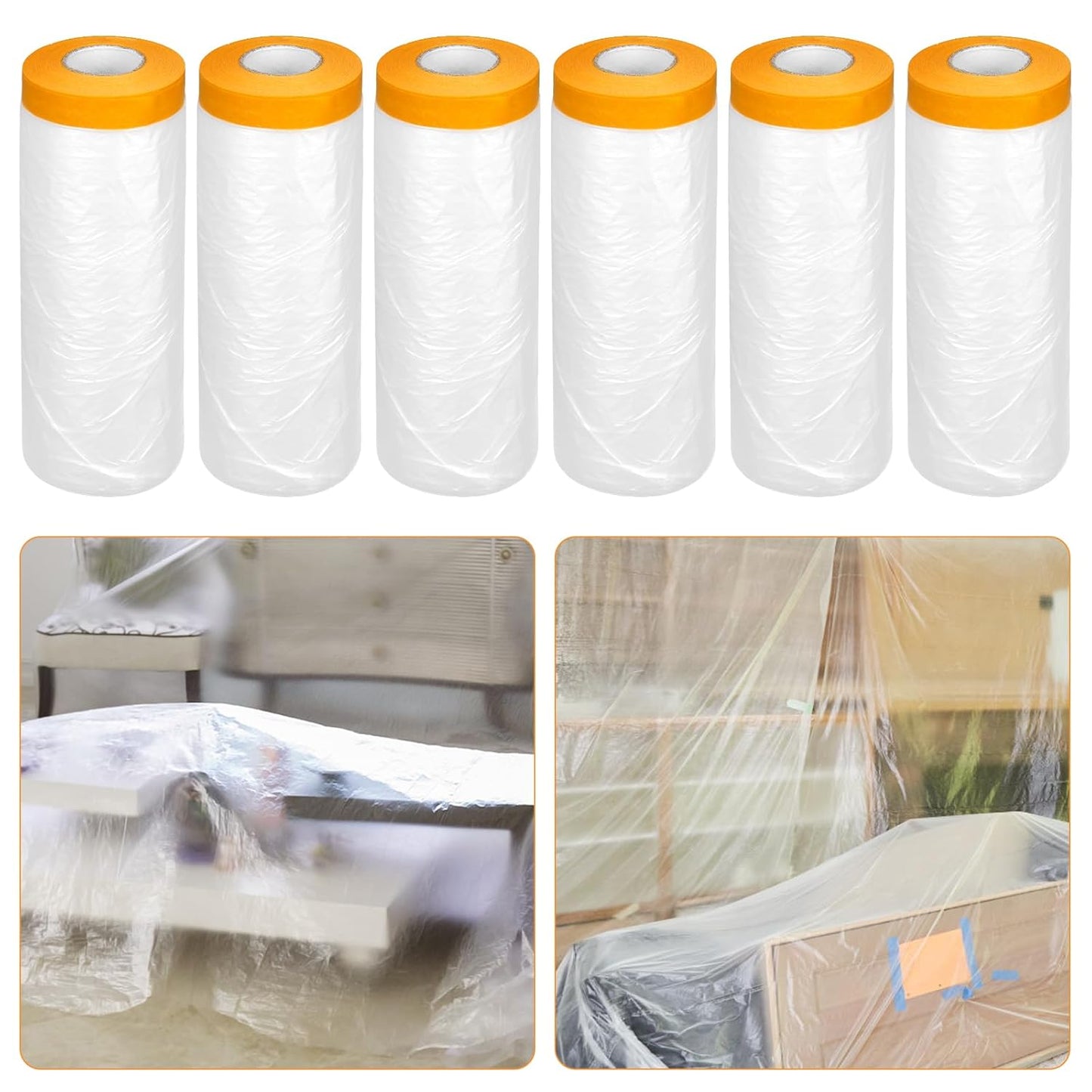 uyoyous 6 Rolls 9x67 ft Painters Plastic with Tape, Pre-Taped Masking Film, Tape and Drape, Paint Adhesive Protective Film Roll for Automotive Painting Covering, Cars, Auto Body, DIY Projects