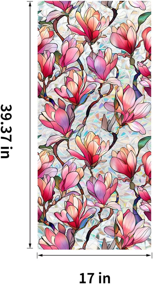 Stained Glass Window Film UV Resistant Window Privacy Film Pink Floral Privacy Rainbow Decals Living Room Bedroom Sun Blocking Decor Removable Static Cling Stickers 17 x 39.37 Inch