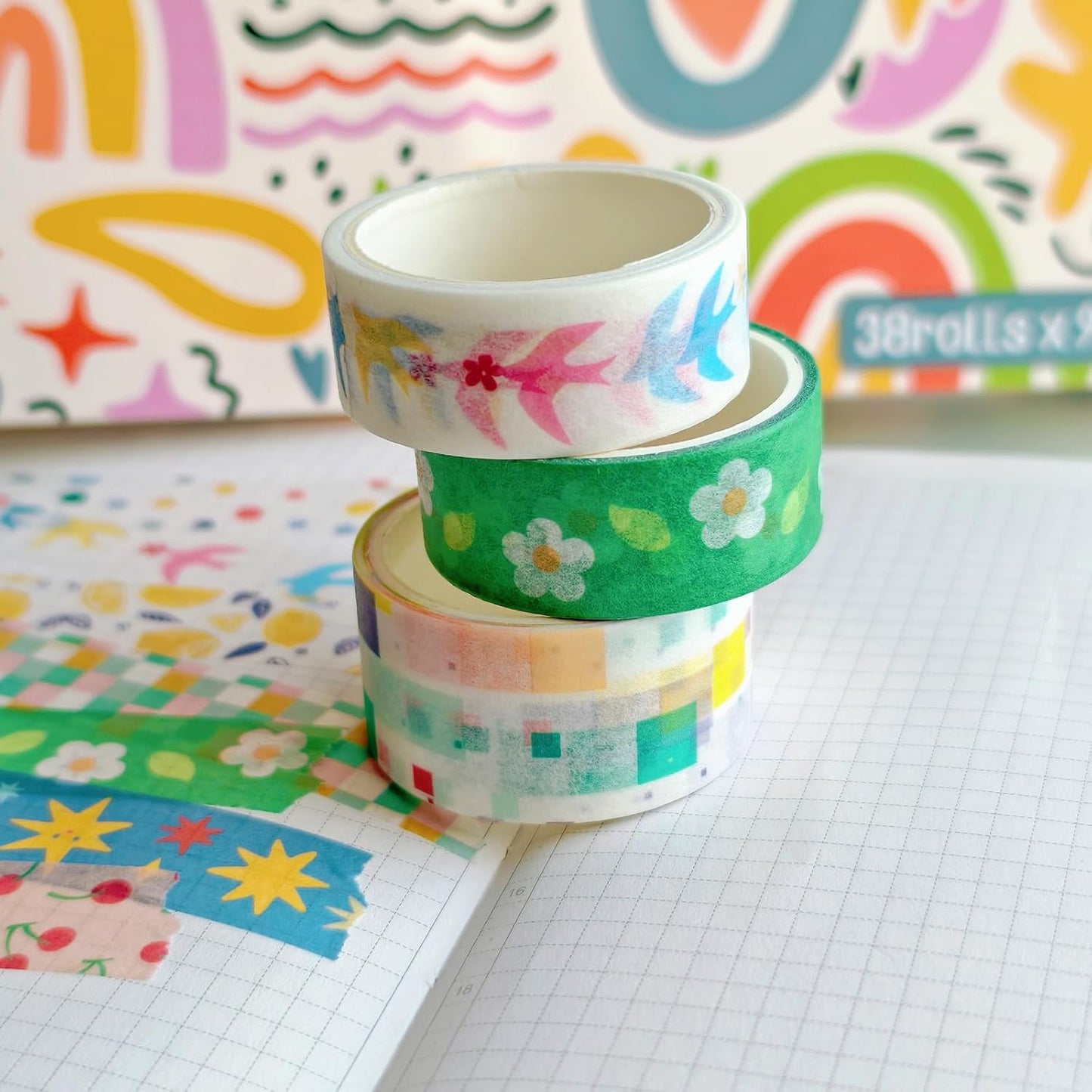 38 Rolls Washi Tape, Aesthetic Colored Decorative Cute Scrapbook Tape for Scrapbooking Supplies Journaling Craft Junk Journal