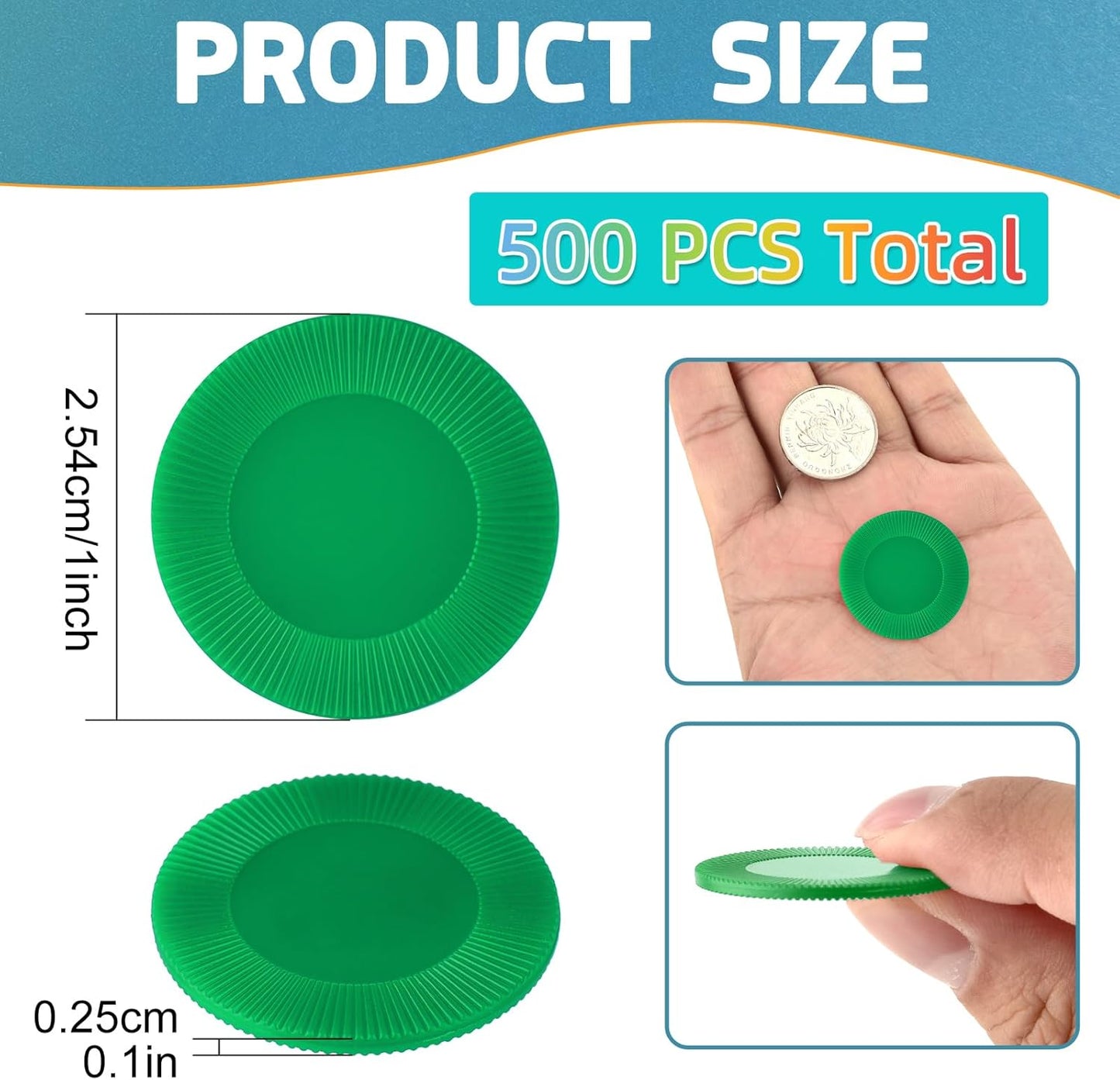 Coopay 500 Pieces Plastic Poker Chips, 1 Inch Bingo Chips Bulk Learning Counters Disks Poker Card Game, Counting Markers for Math Practice, Game Tokens and Teaching Rewards, 25 mm (Green)
