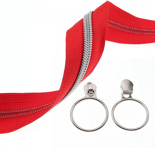 Leekayer #5 Silver Metallic Teeth Nylon Coil Zippers by The Yard Bulk 10 Yards Red Zipper Tape with 25pcs Silver Ring Pull Sliders for DIY Sewing Tailor Craft Bag(Red)