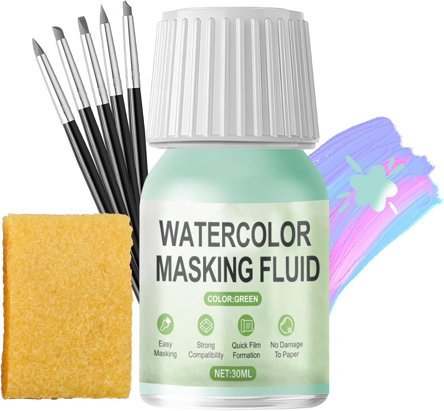 WANJAO Masking Fluid for Watercolor Painting, Liquid Masking Tape with Silicone Pens Cleaning Brush for Painting Fast Drying Easy Peel Use to Art Watercolor Supplies Retouching Covering, 30ml Green
