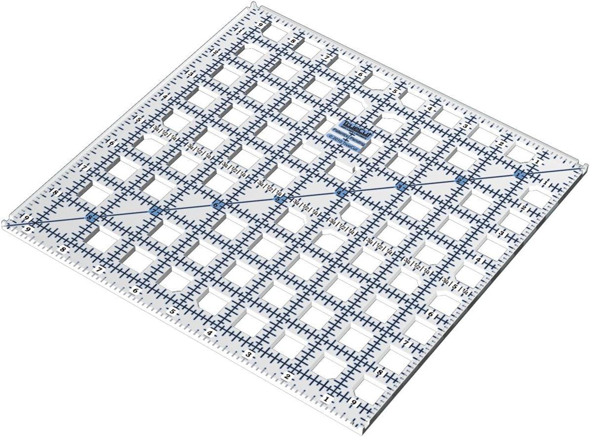 TrueCut Square 9.5" x 9.5" Quilting Ruler with Track and Guide for Straight Cuts - Innovative Quilting and Sewing Ruler for Accurate Fabric Cuts with 1/8th Measurements