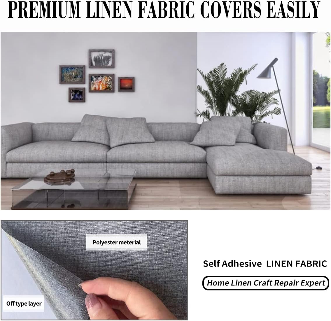 Fabric Repair Patches, 17X158 Inch Linen Repair Tape Self-Adhesive Fabric Patches Durable, DIY Large Linen Tape for Sofa, Couches, Furniture, Chair, Clothing （17X158 Inch, Dark Grey）