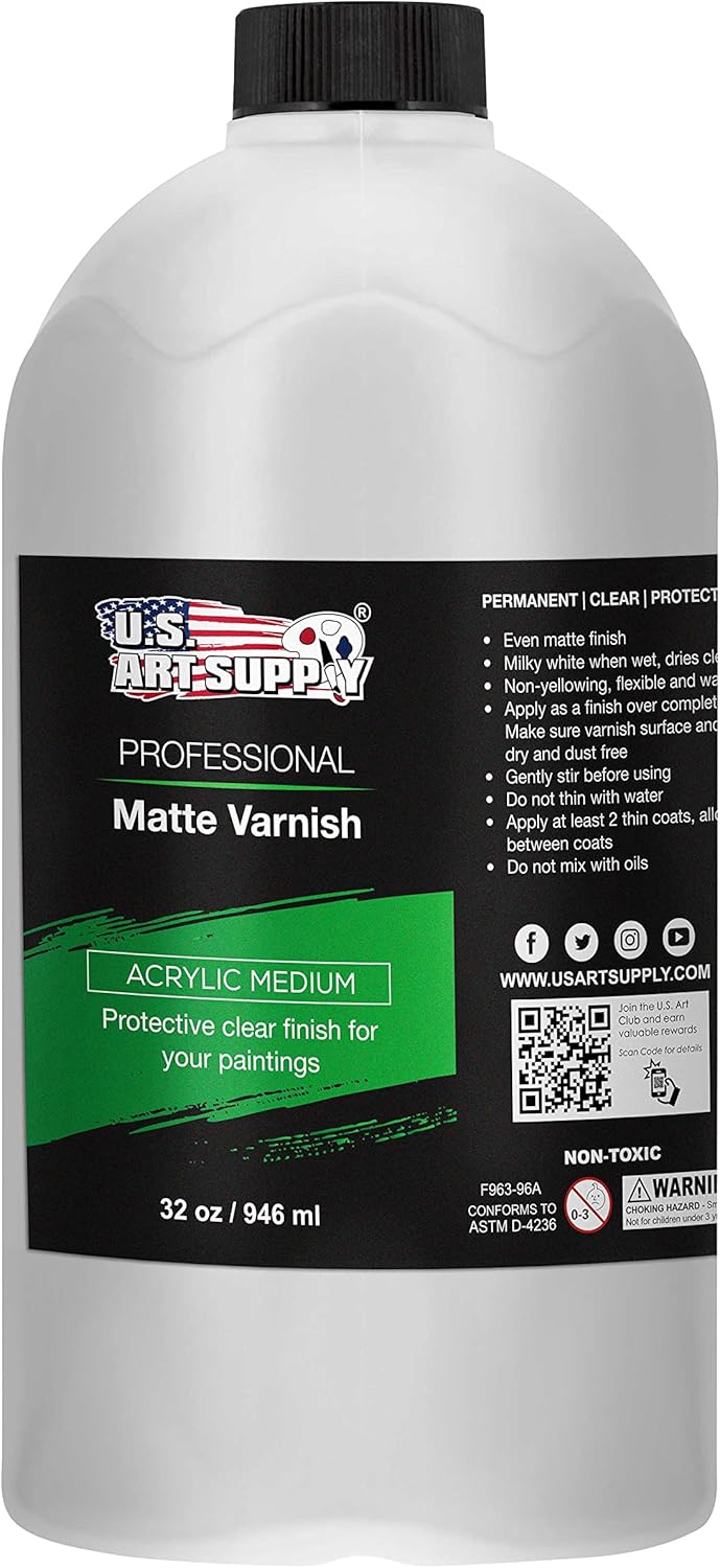 U.S. Art Supply 32 oz Matte Acrylic Varnish for Acrylic Painting, Permanent Clear Protection, Reduces UV & Photography Glare