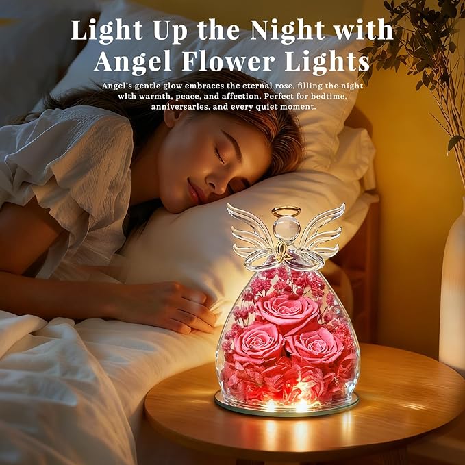 Beferr Valentines Day Rose Gifts for Her Women Mom Gifts for Birthday, Fresh Flowers for Delivery Forever Preserved Rose in Glass Angel Figurine, for Grandma Wife Daughter Girlfriend
