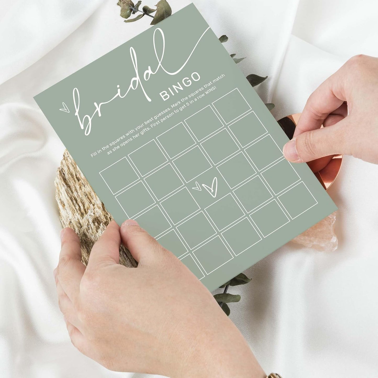 Bridal Shower Bingo, What Will The Bride to Be Receive, 25Pcs Bridal Bingo Game Cards, Engagement Party Games for Guests, Minimalist Green Wedding Party Supplies - C18