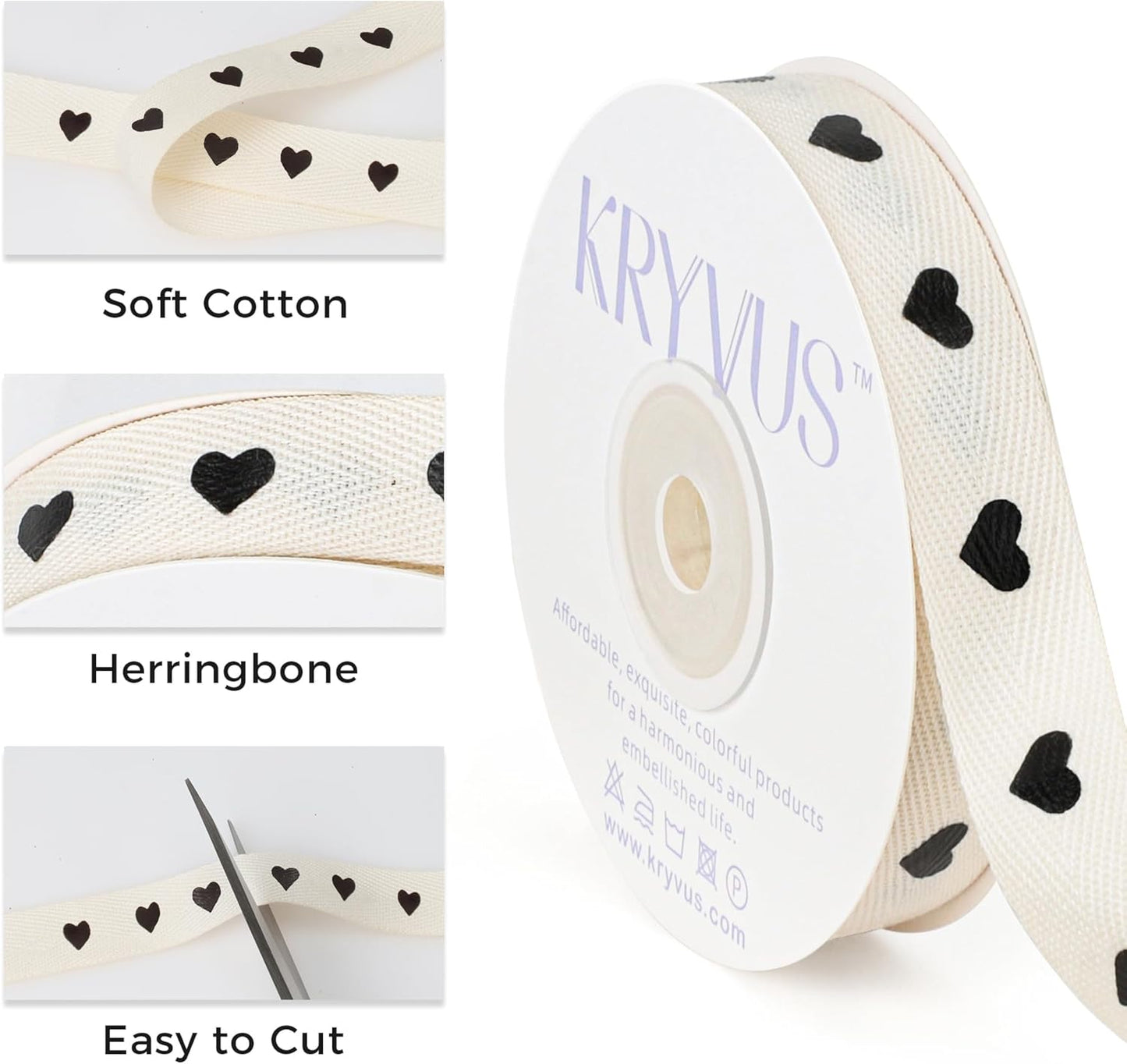 Black Hearts Ribbon - 5/8 Inch x 12 Yards Natural Twill Tape Ribbon, Cotton Herringbone Ribbons for Gift Wrapping, Birthdays, Weddings, Christmas, Anniversaries, Valentine's Day, Mother's Day