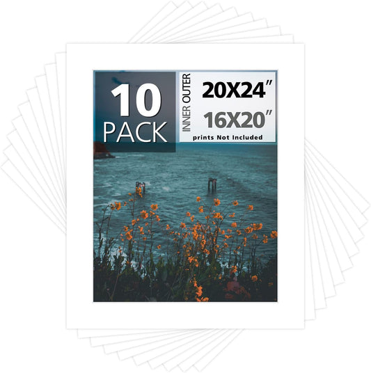 Mat Board Center, Pack of 10, 20x24 for 16x20 White Photo Picture Mats - Acid Free, 4-ply Thickness, White Core - for Pictures, Photos, Framing