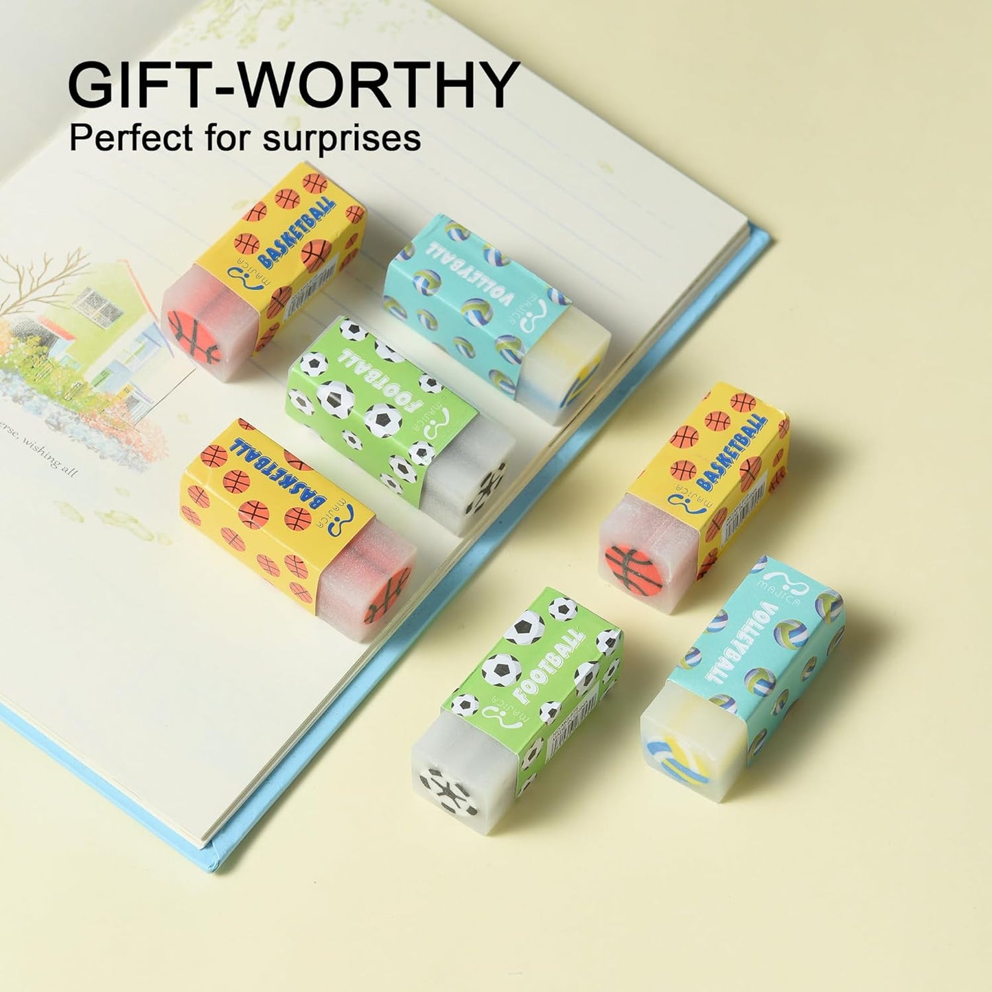 HILAZA 18Pcs Cute Sports Ball Erasers for Kids Bulk, Fun Basketball Soccer Volleyball Pencil Jelly Erasers for School Classroom Supplies Prize Gifts Party Favors