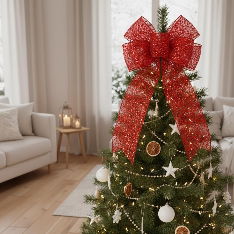 CT CRAFT LLC Sparkling Glitter Mesh Wired Ribbon 4" x 10 Yards Red for Christmas Home Decor Bow Gift Wrapping DIY Crafts Wreath