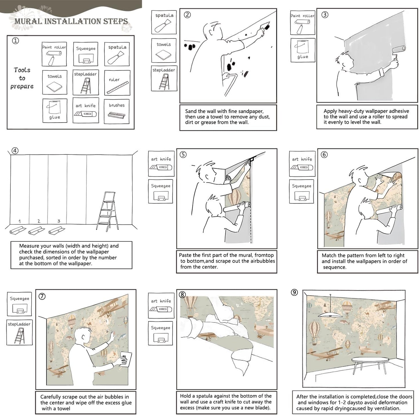 AFZEVEB-Vintage Animal Wallpaper Cartoon Aircraft Map Wall murals for Kids Room 114"x74"(Not Peel and Stick)