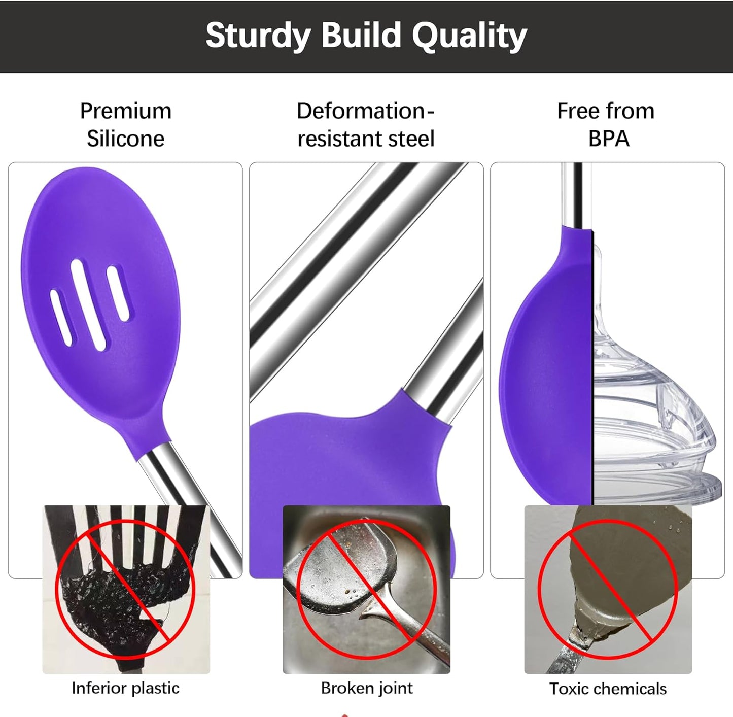 Silicone Spatula Spoon Set, 4 PCS Silicone Cooking Utensils Spatula Spoon Set with Stainless Steel Handle, BPA Free Kitchen Turners for Frying, Mixing, Serving, Draining, Turning, Stirring, Purple