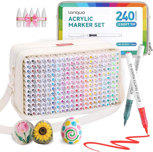 240 Color Acrylic Paint Markers Set – Brush Tips, Quick Dry Permanent Markers for Rock, Egg, Wood, Fabric, Glass, DIY Crafts, Waterproof Fabric Paint Markers for Adult Coloring Books No Bleeding
