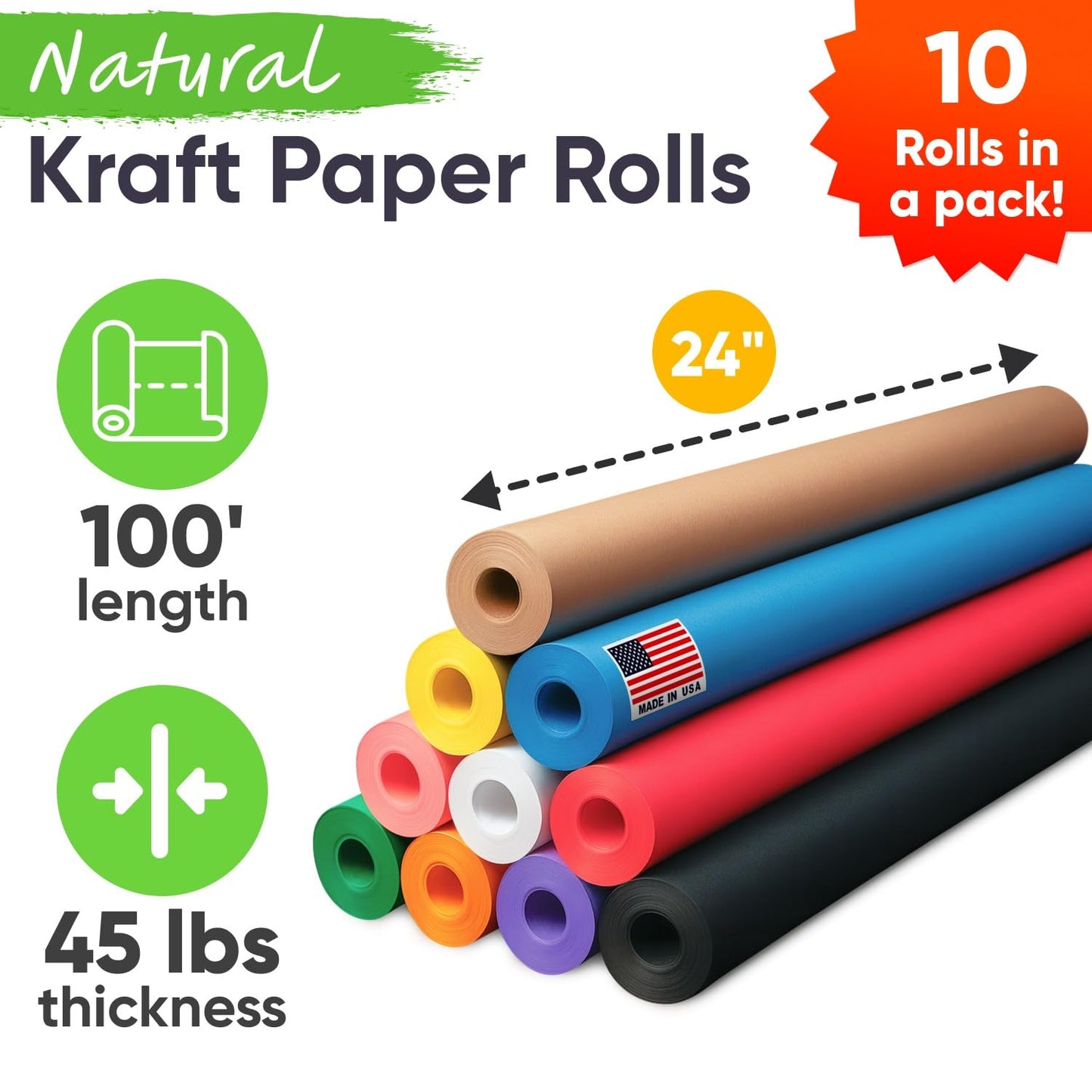 24" x 1200" (100 ft) Pack of 10 Rolls USA-Made Multi-Color Kraft Paper, 45 lbs/66 GSM – Colored Kraft Paper for Packing, Crafts, DIY Projects, Gift Wrapping – Non-Toxic, Safe for Kids