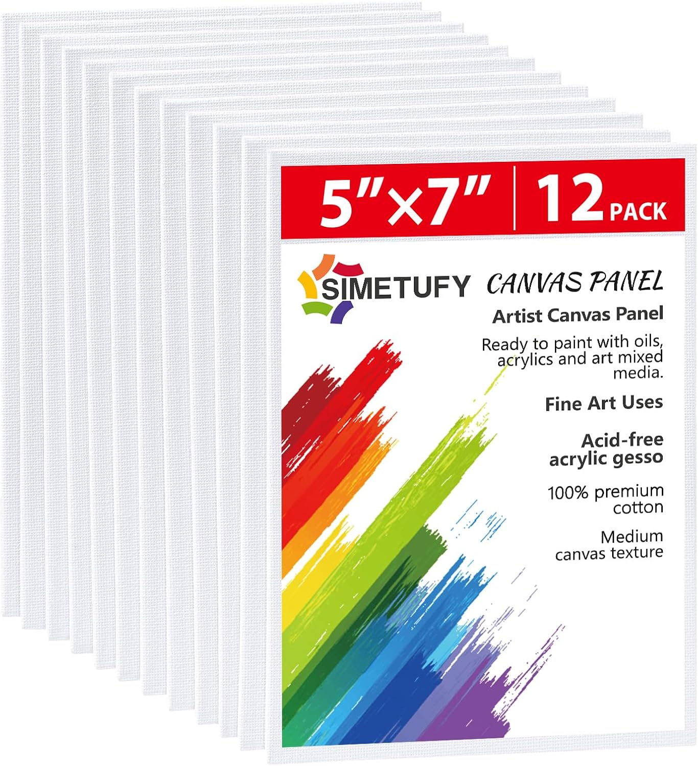 Simetufy 12 Pack 5x7 Inch Small Flat Canvas Boards for Painting, Gesso Primed Acid-Free 100% Cotton Blank Canvas Panels for Kids, Non Toxic