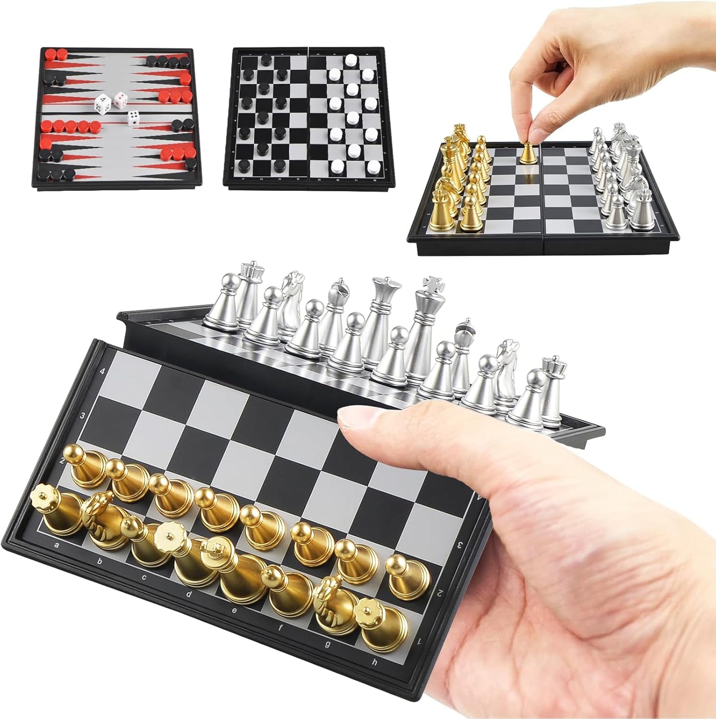 5'' Mini 3 in 1 Chess Checkers Backgammon Set Magnetic Folding Travel Chess Board with Instructions 2 Players for Kids and Adults