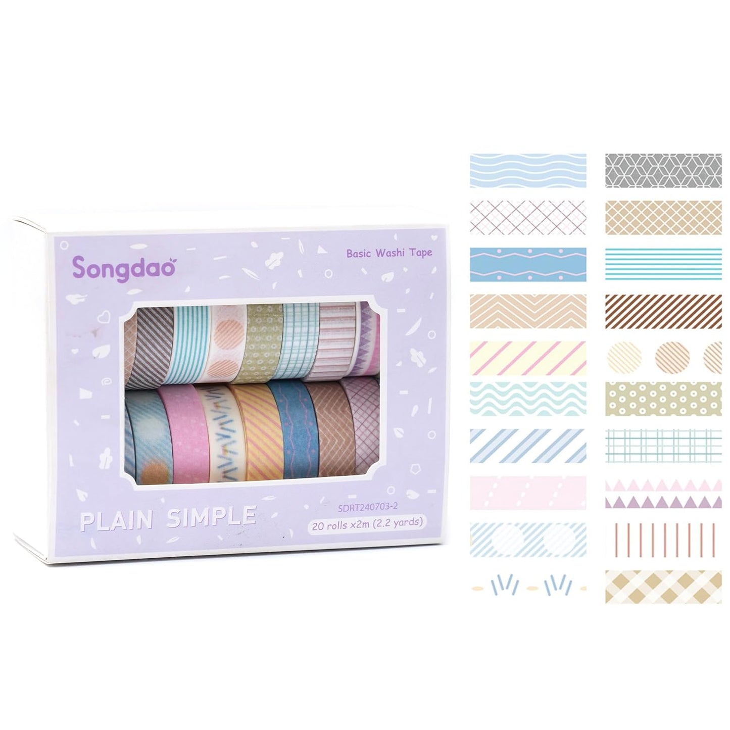 20 Rolls Basic Washi Tape Set Japanese Arts Adhesive Tapes Simple Patterns Decorative Masking Tape Sets for Craft, Kids, Scrapbook, DIY, Gift Wrapping (Style Two)