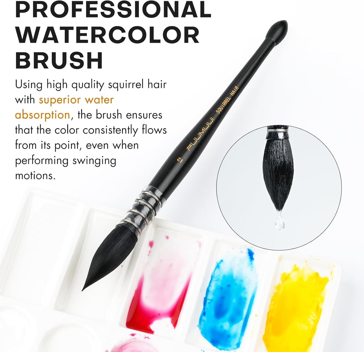 Professional Watercolor Brush, Fuumuui Natural Squirrel Hair Mop Brush, Round Quill Detail Fine Tip Watercolor Paint Brush for Water Color Gouache Ink Painting - Sizes #10