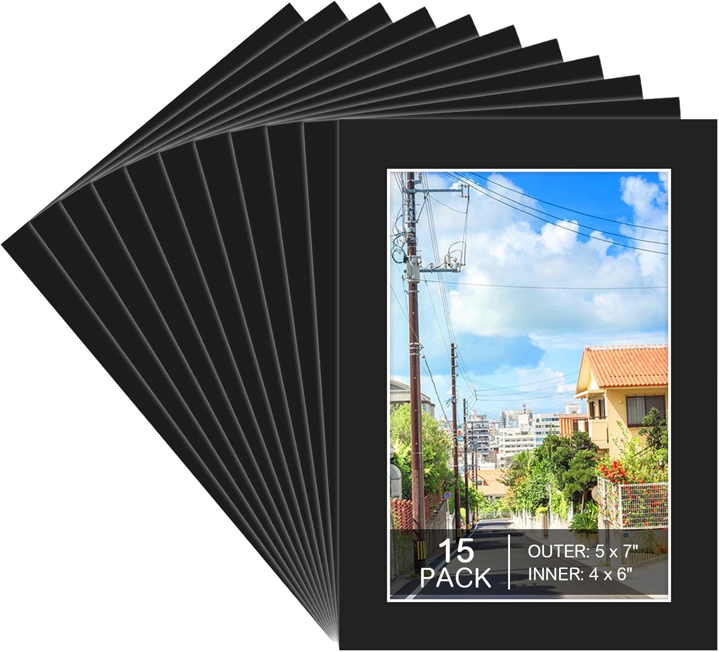 Prudiut 15 Pack 5x7 Black Picture Mats, Frame Mattes for 4x6 Pictures Display Photo Frame Mat Core Bevel Cut Mat Board Show Kit for Photos, Prints, Artworks