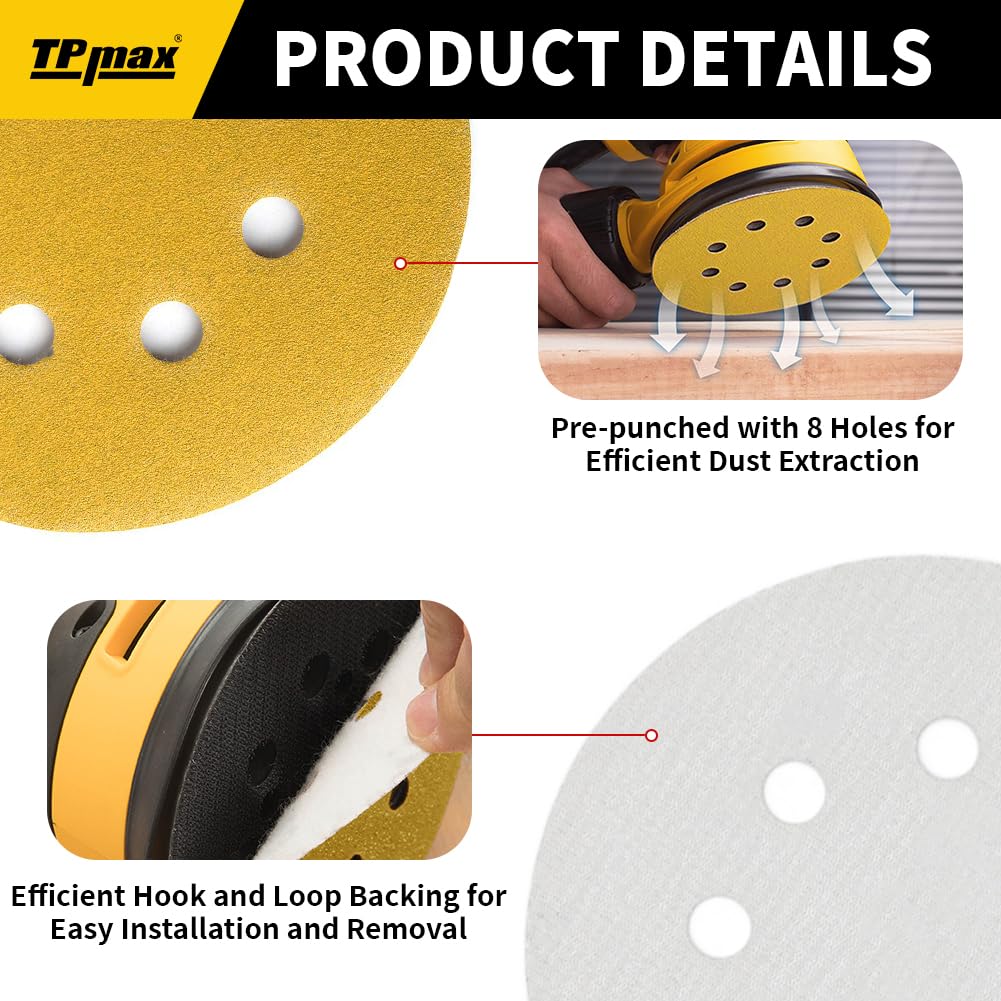 100PCS 5 Inch 60 Grit 125mm 8 Hole Sanding Discs Sandpaper - Premium Gold Round Hook and Loop for Random Orbital Sander - Ideal for Wood, Metal, Automotive