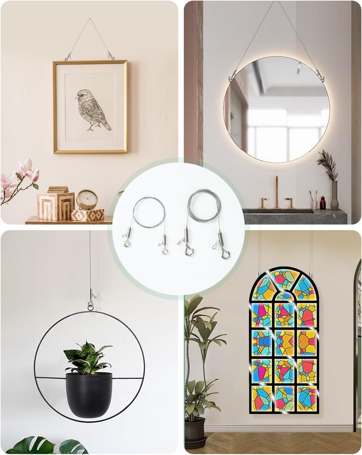 2PCS Adjustable Picture Hanging Wire 2m x 1mm Small Hooks, Picture Frame Wire Kit Heavy Duty 50lbs, Stainless Steel for Art, Mirror, Light Lamp, Billboards, Basket Flowerpot