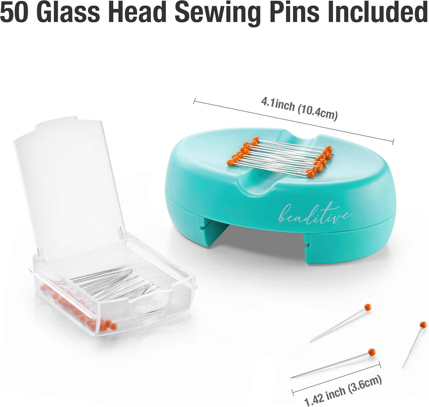 Beaditive Magnetic Pin Cushion with Drawer - Strong Magnet Pin Holder Cushion for Sewing - 50 Glass Head Quilting Pins Included - Chic Pincushion Caddy for Sewing Pins, Paper Clips, Screws – Turquoise