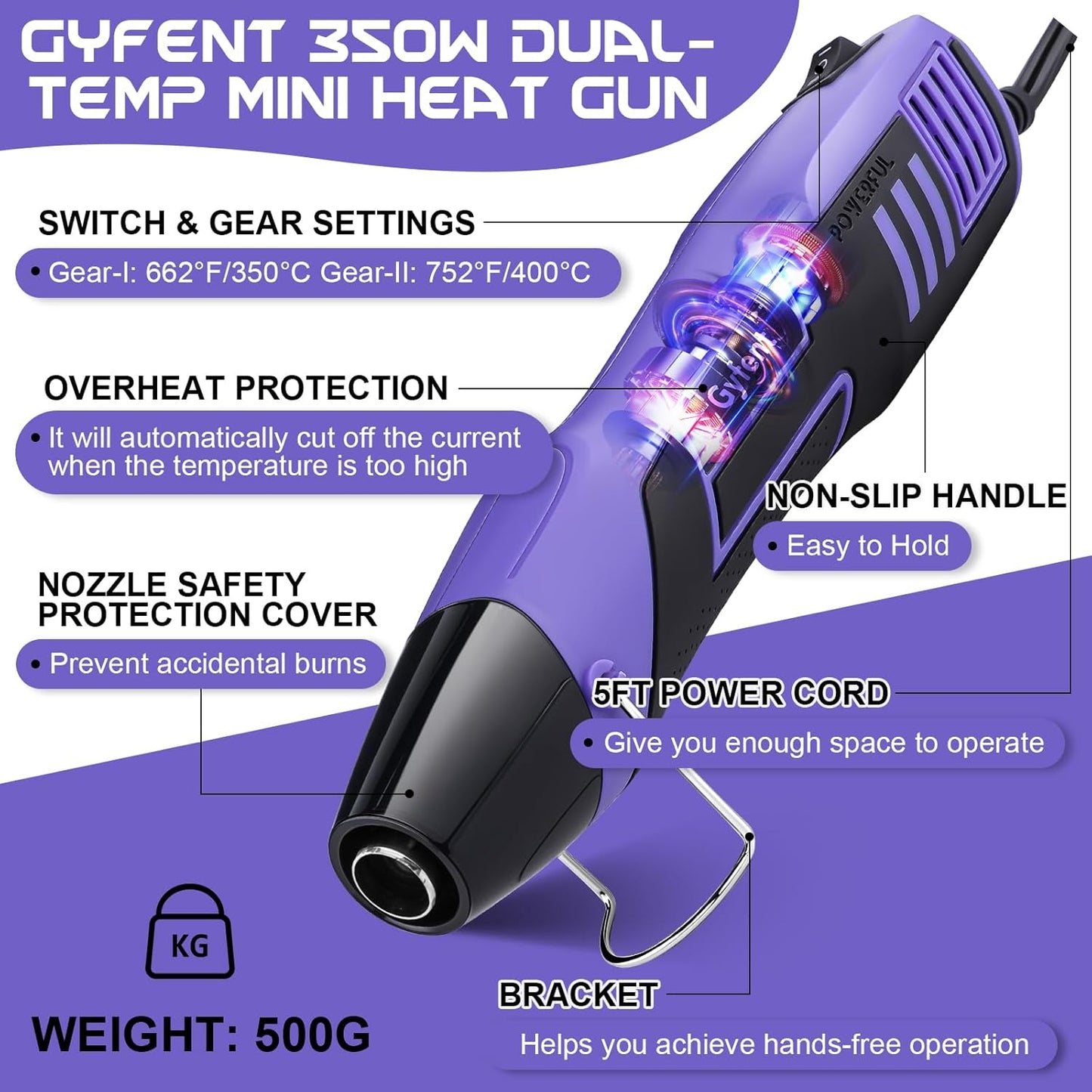 Gyfent Heat Gun with 100Pcs Solder Seal Wire Connectors & 200Pcs Heat Shrink Tubing, 662°F/752°F(350°C/400°C) 350W 2-Temp Mini Heat Gun with 5Ft Power Cord for Crafting Shrink Tubing Embossing DIY