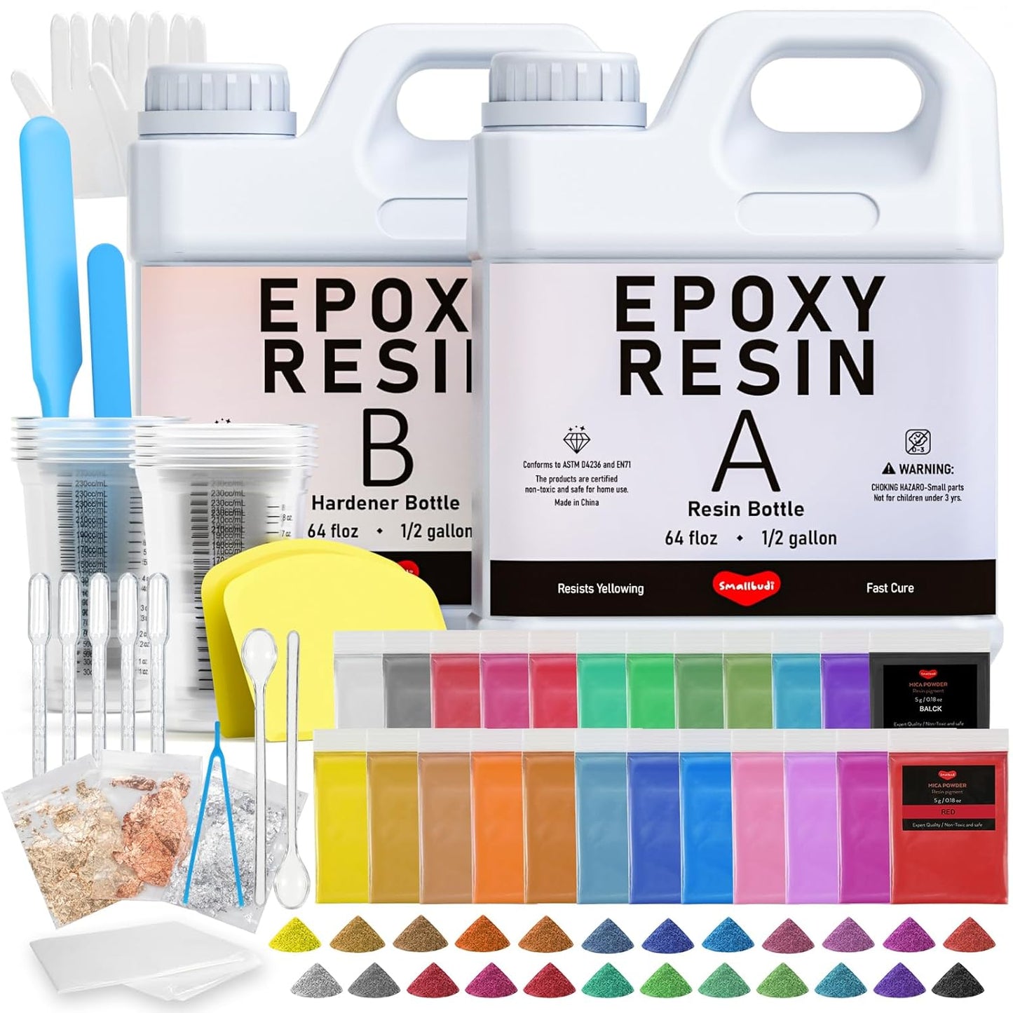 1 Gallon Epoxy Resin Kit with 24 Colors Mica Powder, Gold Foil, Cups & Stick, Crystal Clear Resin Beginner Supplies for Coating Casting Table, Molds, Jewelry Making, DIY Art Craft, 1:1 Ratio