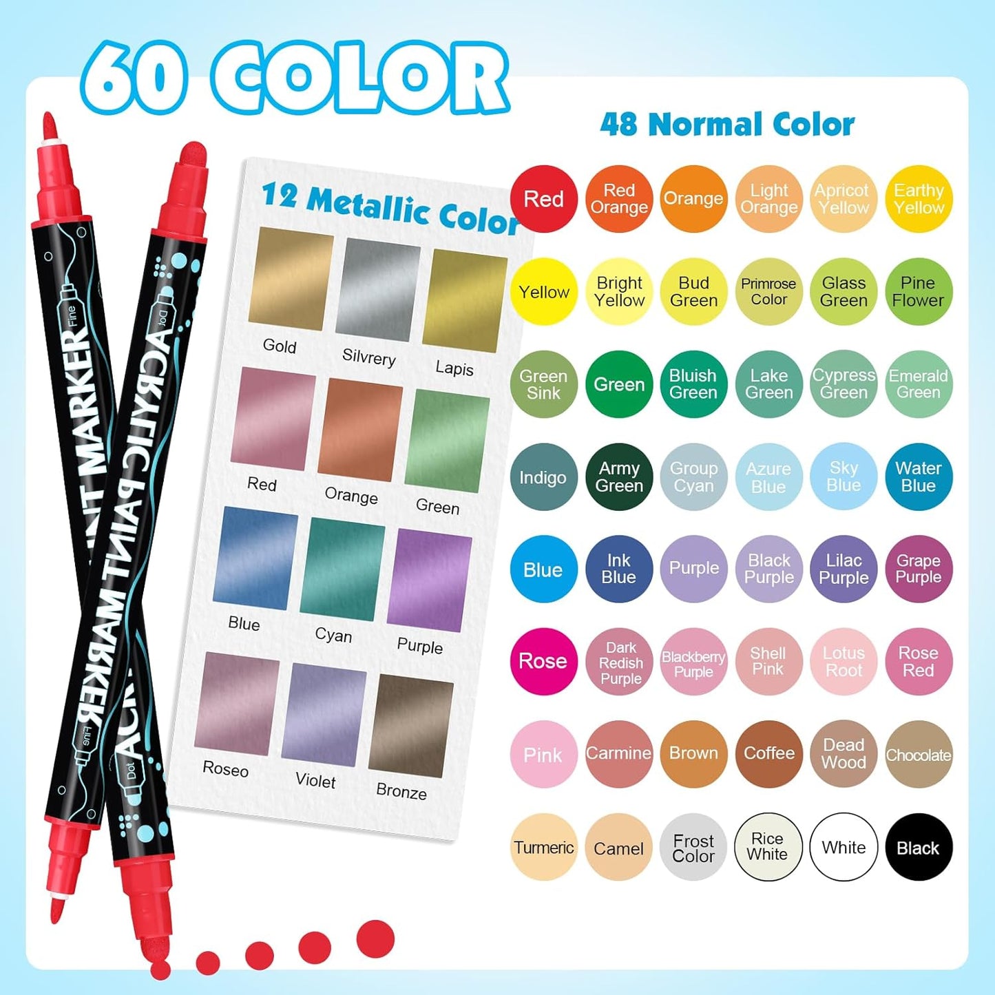 FUMILE 60 Colors Acrylic Paint Marker Dual Tip(Fine and Dot Tip), Paint Pens Acrylic Markers for Wood, Rock, Plastic, Glass, Ceramic, Canvas.Acrylic Markers Set for DIY Christmas Gifts and Art