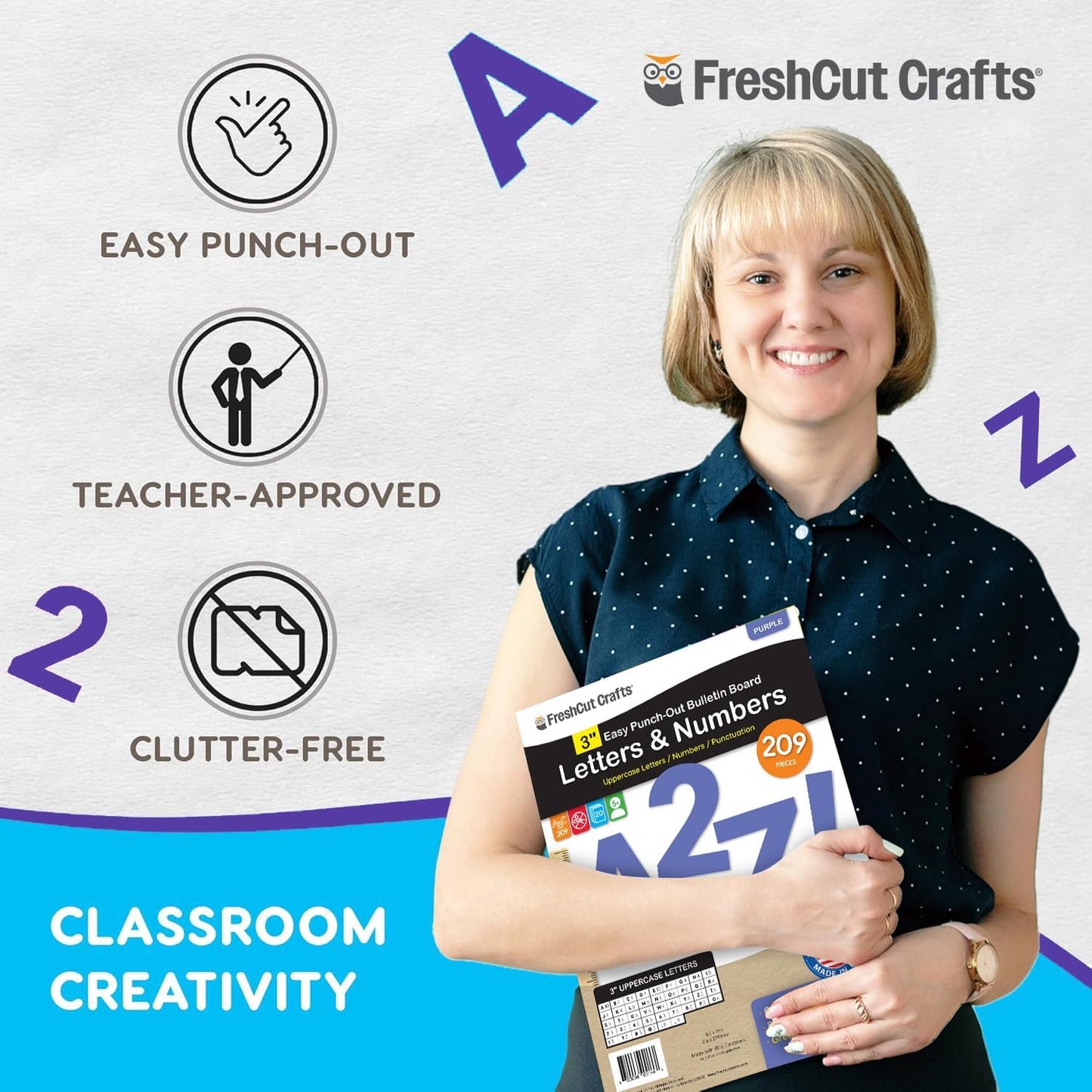 209 Pcs 3" Purple Bulletin Board Letters & Numbers, Capital Letters, Numbers, Punctuation, US Made Card Stock Punch Out Letters for Poster, Bulletin Board, Classroom - Precut Letters & Numbers