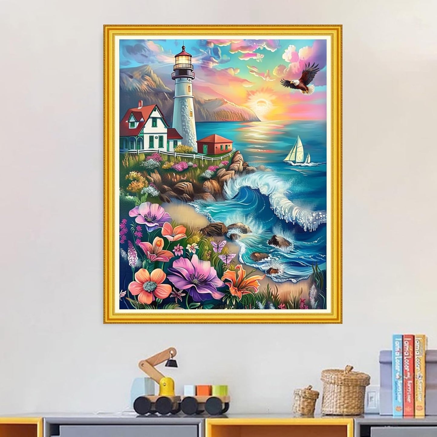 Magxvouy Cross Stitch Kits Stamped Full Range of Embroidery Kits,Cross Stitch Patterns Needlework Kits for Beginners 11CT Printed Kits&Lighthouse Seaside Flowers 16x20 inch