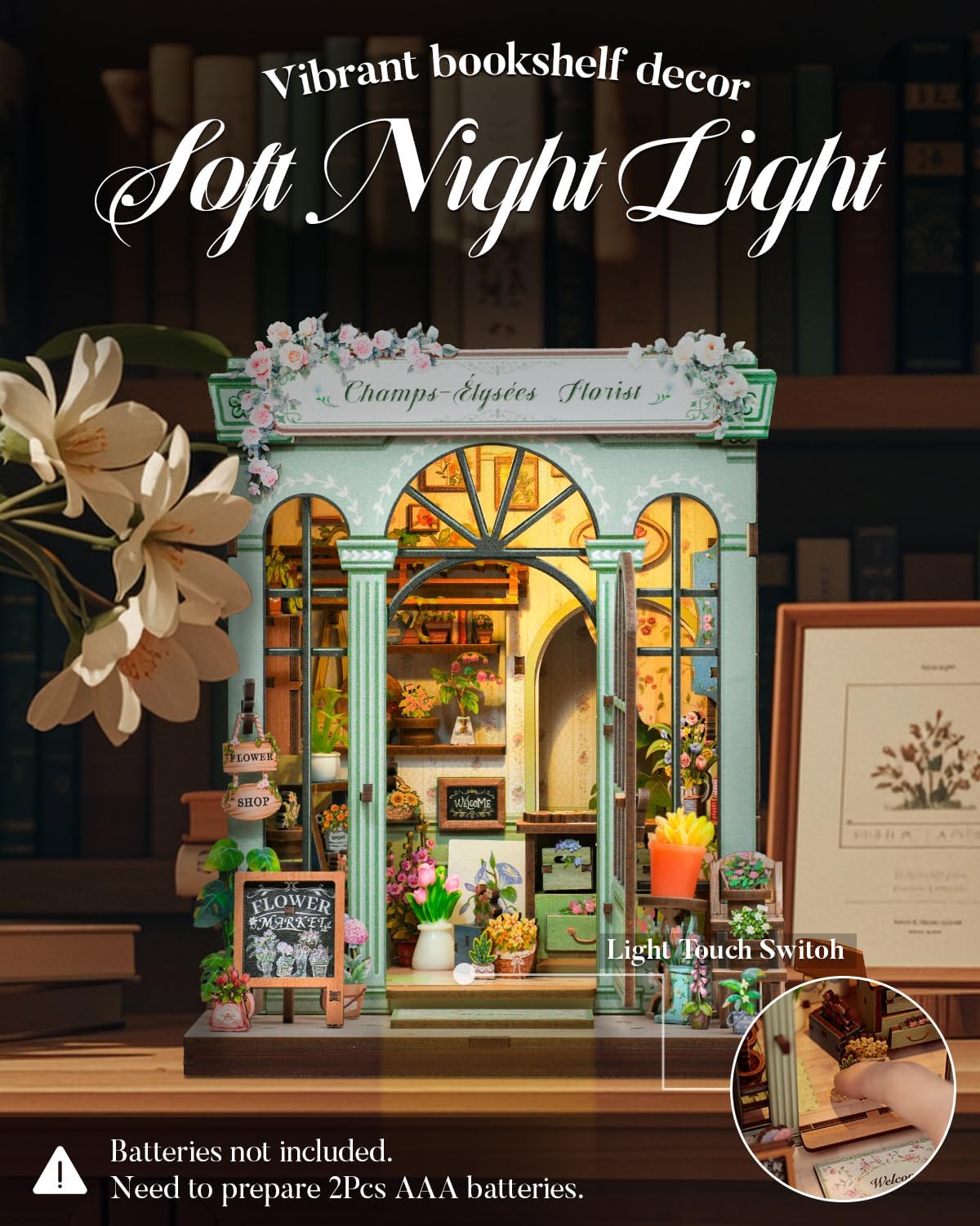 Cutefun Book Nook Kit - DIY Miniature Dollhouse Kit 3D Creative Decorative Bookend 3D Wooden Puzzle for Adults, Bookshelf Insert Room Decor with LED Light (Champs-Élysées Florist)