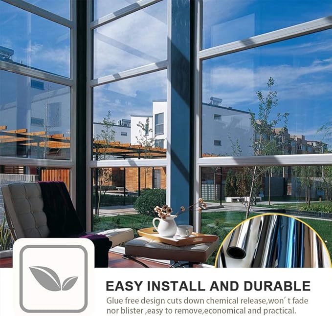 Filmgoo Window Privacy Film One Way Daytime Mirror Tint Treatments UV Heat Control Vinyl Stickers Sun Block Glass Paper Door Covering Reflective 35.4 Inch x 6.5 Feet Black Silver
