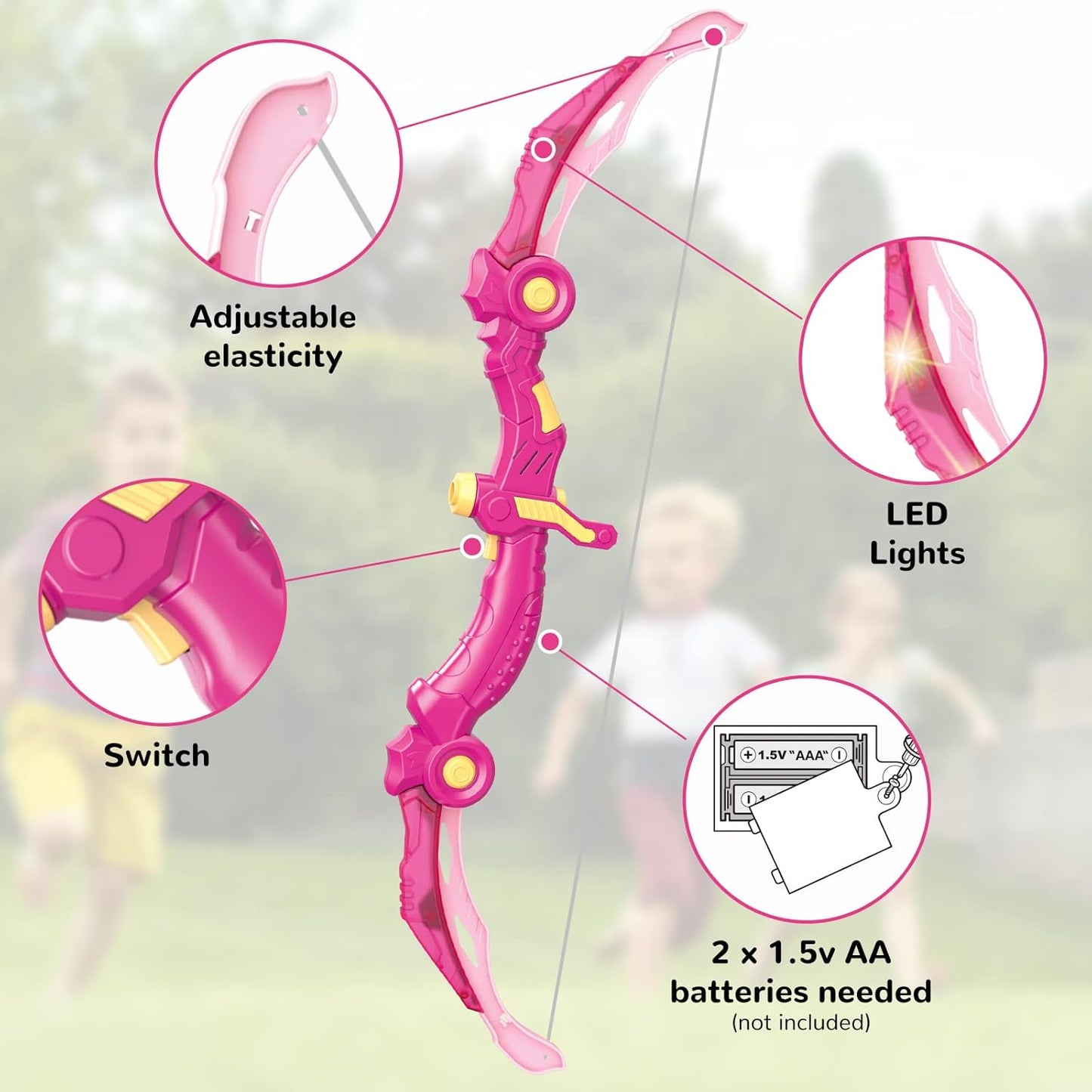 GMAOPHY 2 Pack Bow and Arrow Toy for 5 6 7 8 9 10 11 12 Year Old Boys, Birthday for Kids, Indoor Outdoor Sport Games Toys for Ages 4-8 8-12, LED Light Up Archery Set with 20 Toy Arrows (Pink)