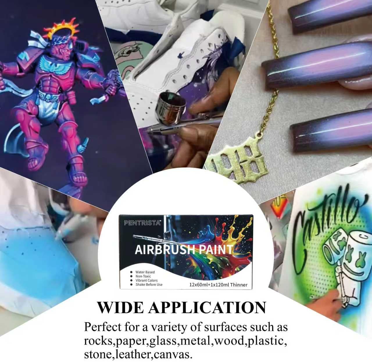 PENTRISTA 24-Color Airbrush Paint Set (60 ml/2.03 oz)with 2 Thinner - Ultra-Smooth Flow Air Brush Paints,Non-Toxic & Quick-Drying Formula Acrylic Airbrush Paint Kit for Art Crafts Hobbyist and Artists