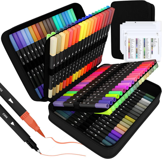 Art Supplier Dual Brush Markers Pens, 110 Artist Coloring Marker Set, Fineliner & Brush Tip Pen with Premium Case for Adults Coloring Books & Journal, Drawing, Doodlin