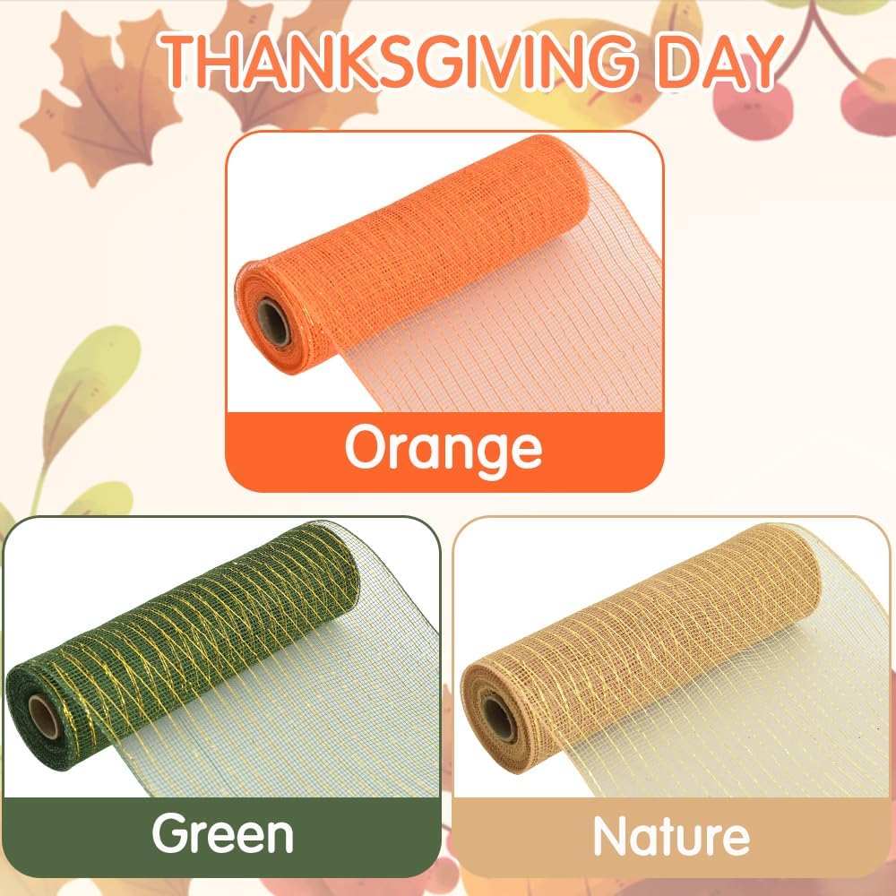 TONIFUL 10 Inch 3 Rolls Khaki/Orange/Green Decorative Mesh Ribbons, Fabric Mesh with Foil for Tree Home Front Door Wreaths Decorations Supplies, for Thanksgiving Fall（3 Colors, 10yards/ roll）