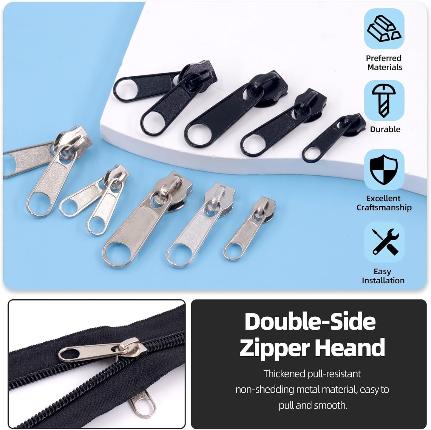 Glarks 85pcs #3#5#8 Zipper Repair Kits Includes 39pcs Metal Zipper 30pcs U Shape Top Stops 15pcs Bottom Stoppers with 1pcs Sharp-Nosed Pliers, Zipper Sliders Zipper Pull Replacement Zip Fixer Part
