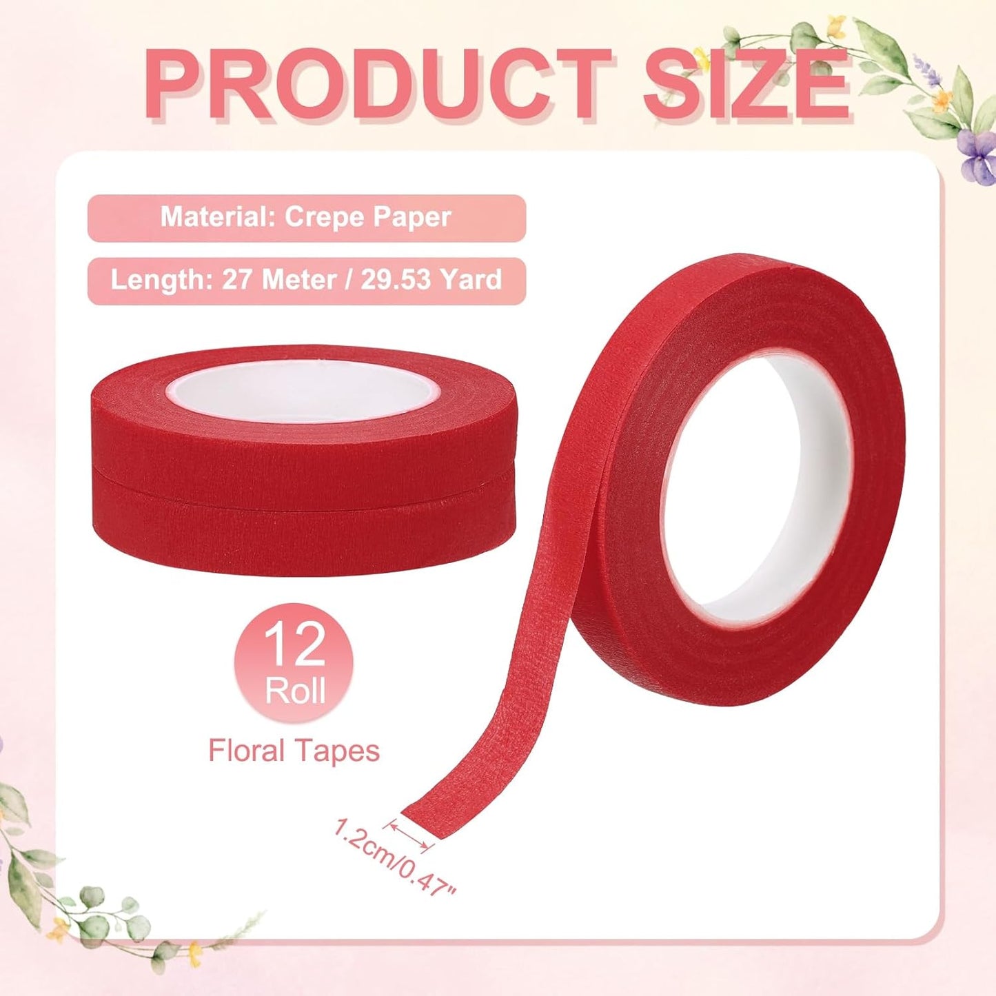 MECCANIXITY 12 Rolls Floral Tapes, 30 Yard x 1/16 in Florist Crepe Flowers Bouquets Tape Adhesive Waterproof for Flower Arranging Wrapping, Red