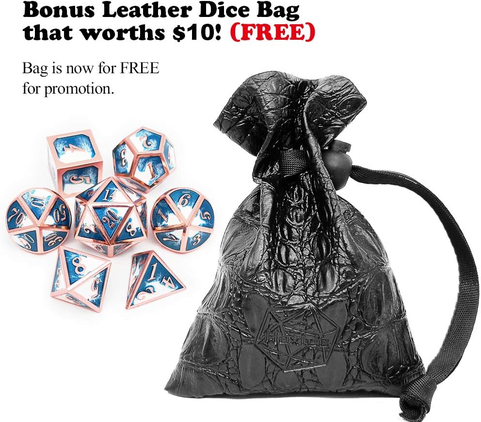 Haxtec Metal DND Dice Set Copper Blue White D&D Dice with Leather Dice Bag Compatible with Dungeons and Dragons RPG-Ice Dragon Bait