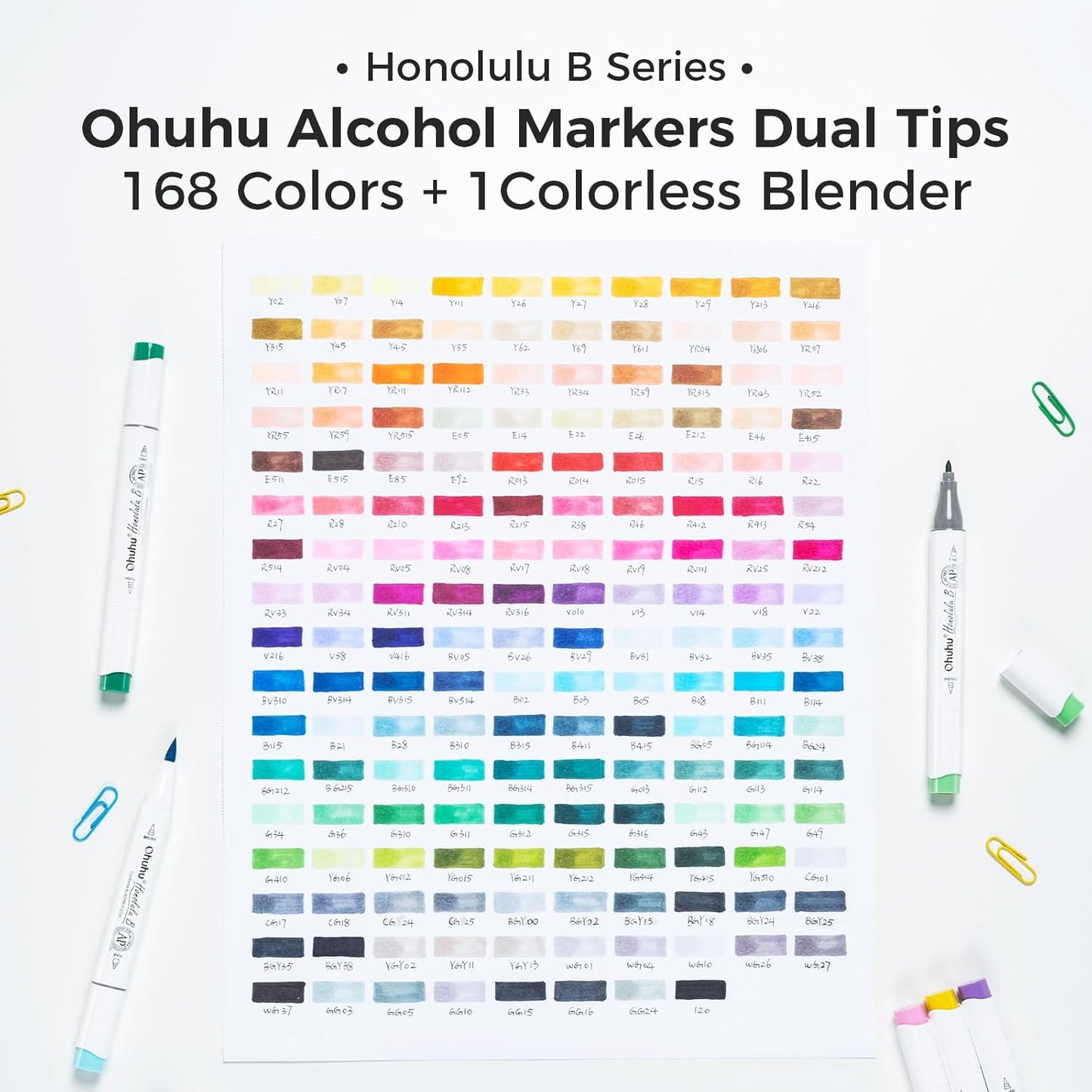Ohuhu Alcohol Markers Brush Tip: 168-Color Double Tipped Art Marker Set for Artist Adults Coloring Illustrations -Honolulu B -Brush & Fine -Refillable