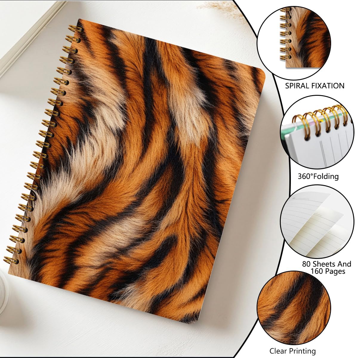 2 PCs Tiger Journaling Notebooks Tiger Print Spiral Notebook Animal Print Aesthetic Design Gifts for Women Teen Girls Note Books Journals for Writing Hardcover Notebook Office Classroom Supplies