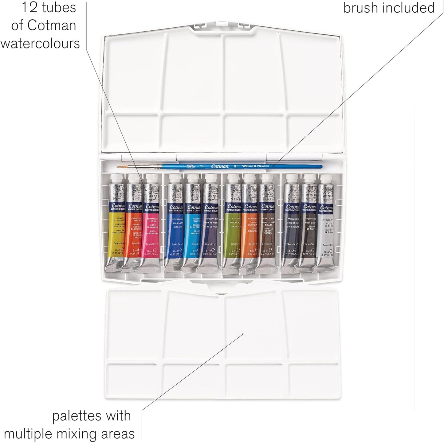Winsor & Newton Cotman Watercolor Paint Set, 12 Colors, 8ml (0.27-oz) Tubes w/ Brush