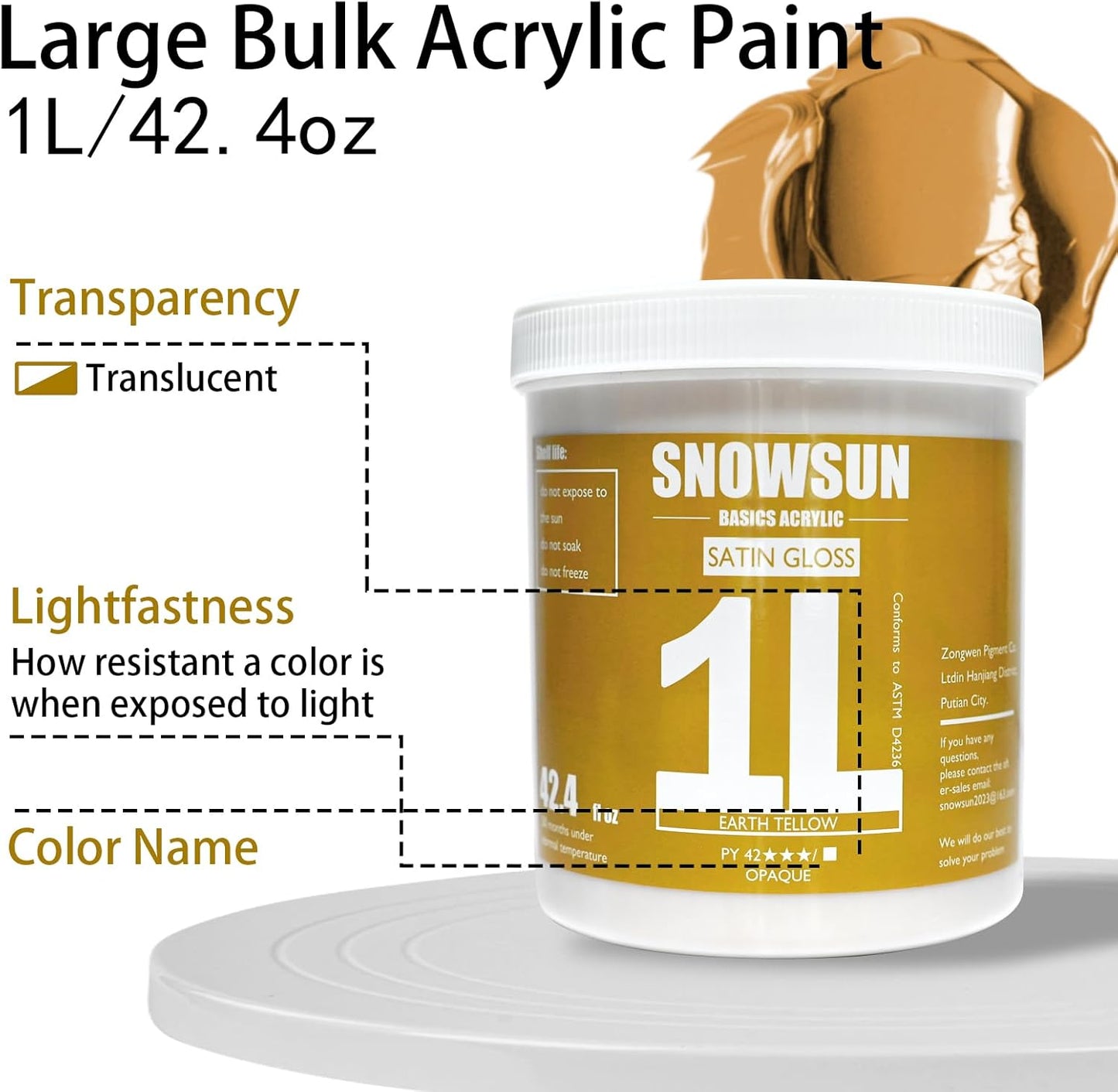SNOWSUN Acrylic Paints, Large Bulk Heavy Body Acrylic Paint (42.4 oz, 1L) - Non Toxic Gloss Thick Art Paint for Multi-Surface, Ideal for Canvas Wood Ceramic Fabric and Leather, Stone Craft, for Artists & Beginners, Earthy Yellow