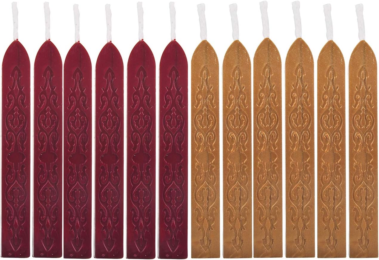 Yoption 12 Pcs Sealing Wax Sticks with Wicks, Antique Wine Red Dark Gold Totem Fire Manuscript Seal Wax for Wax Seal Stamp