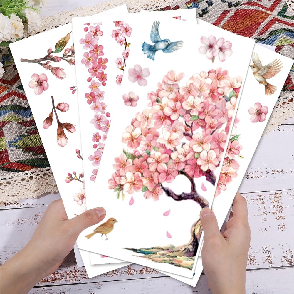 GLOBLELAND 4 Sheets Cherry Blossoms Tree Rub on Transfers 12x6inch Pink Flowers Furniture Transfers Sticker Birds UV Transfers Decal Craft for Bedroom Living Room Desk Table Decoration