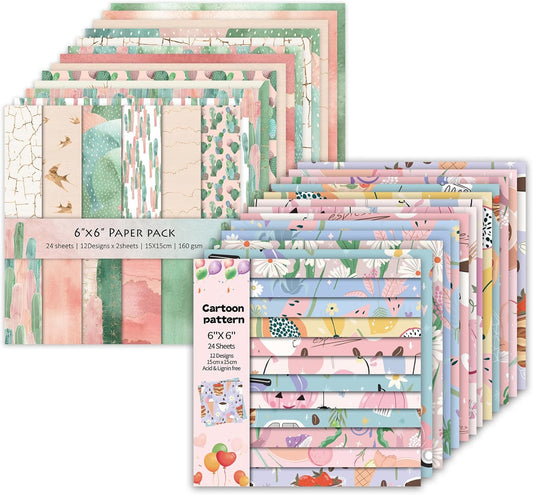 48 Sheets 24 Designs Scrapbook Paper Pad, 6"×6" Single-Sided Decopodge Craft Cardstock Paper,Scrapbooking DIY Decorative Background Cardmaking Supplies.Cactus&Cartoon
