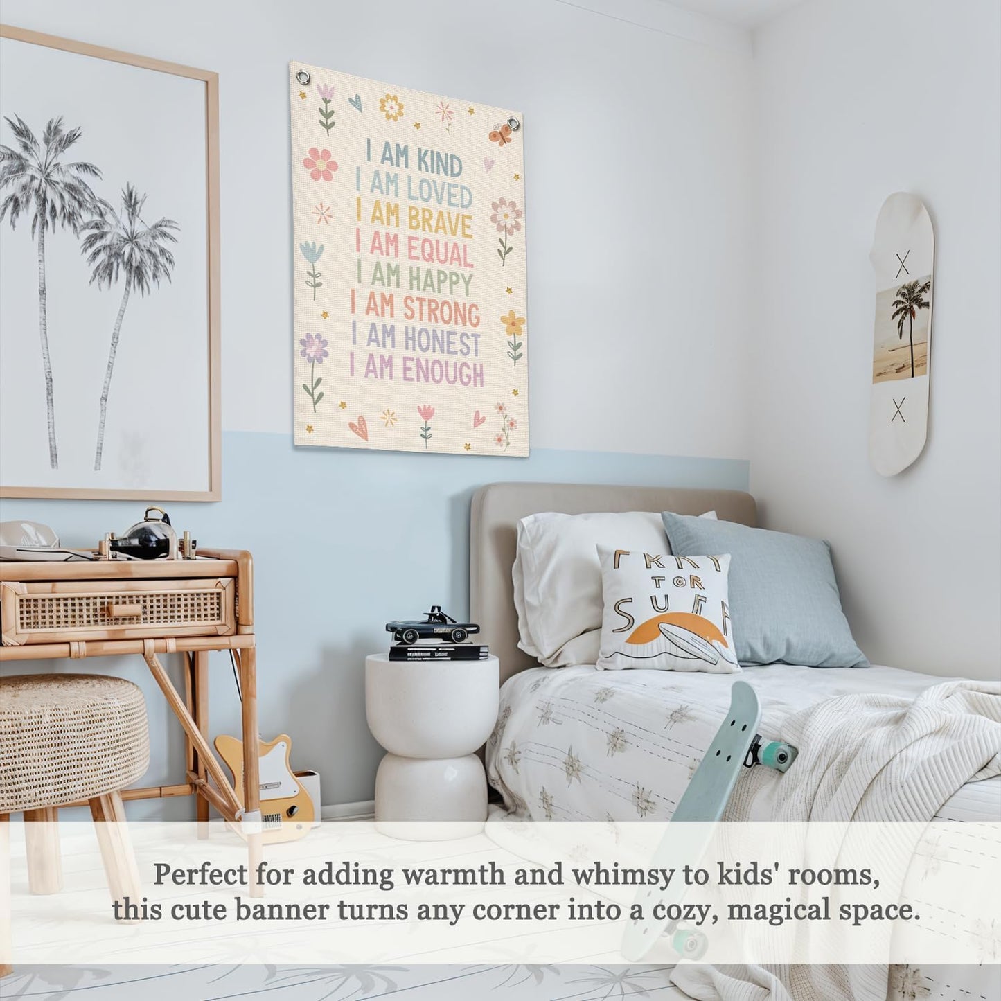 Affirmations Wall Hanging Art for Kids, Flower Wall Art I Am Kind Linen Canvas Banner, Girls Room Decor, Kid's Bedroom, Affirmations Wall Banner, Inspirational Nursery Decor 18x25 Inch
