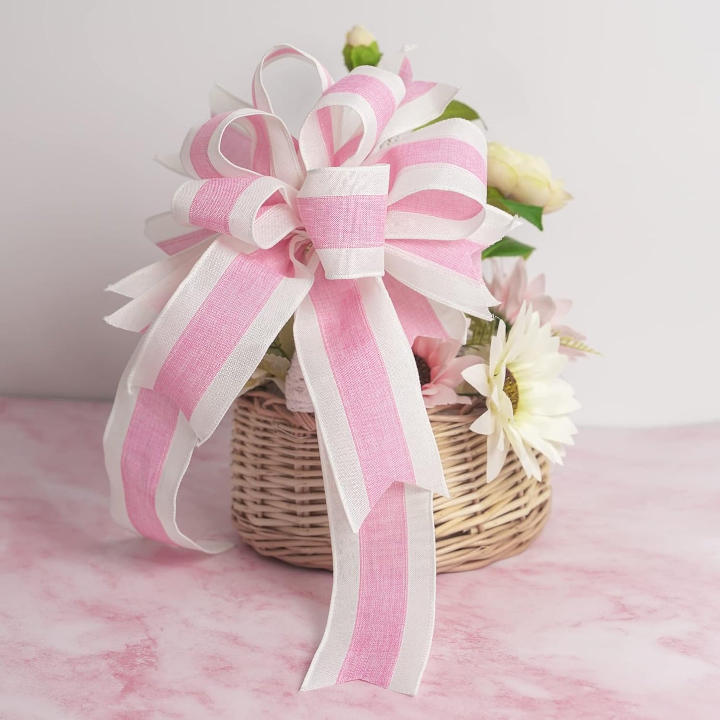 MEEDEE Pink White Stripe Wired Burlap Ribbon with Ivory Stripes Edge - 2.5 Inch, Light Pink (10 Yards) for Wreaths, Garland, Lantern, Mailbox Topper Bow